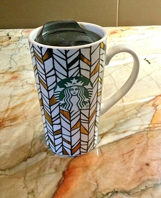 Starbucks 2018 Geo Metallic Gold Latte Ceramic Travel Mug Lid 14oz for