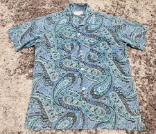 Vintage Andy Mohan Hawaiian Shirt, Men Size Medium, Blue Paisley Button Shirt