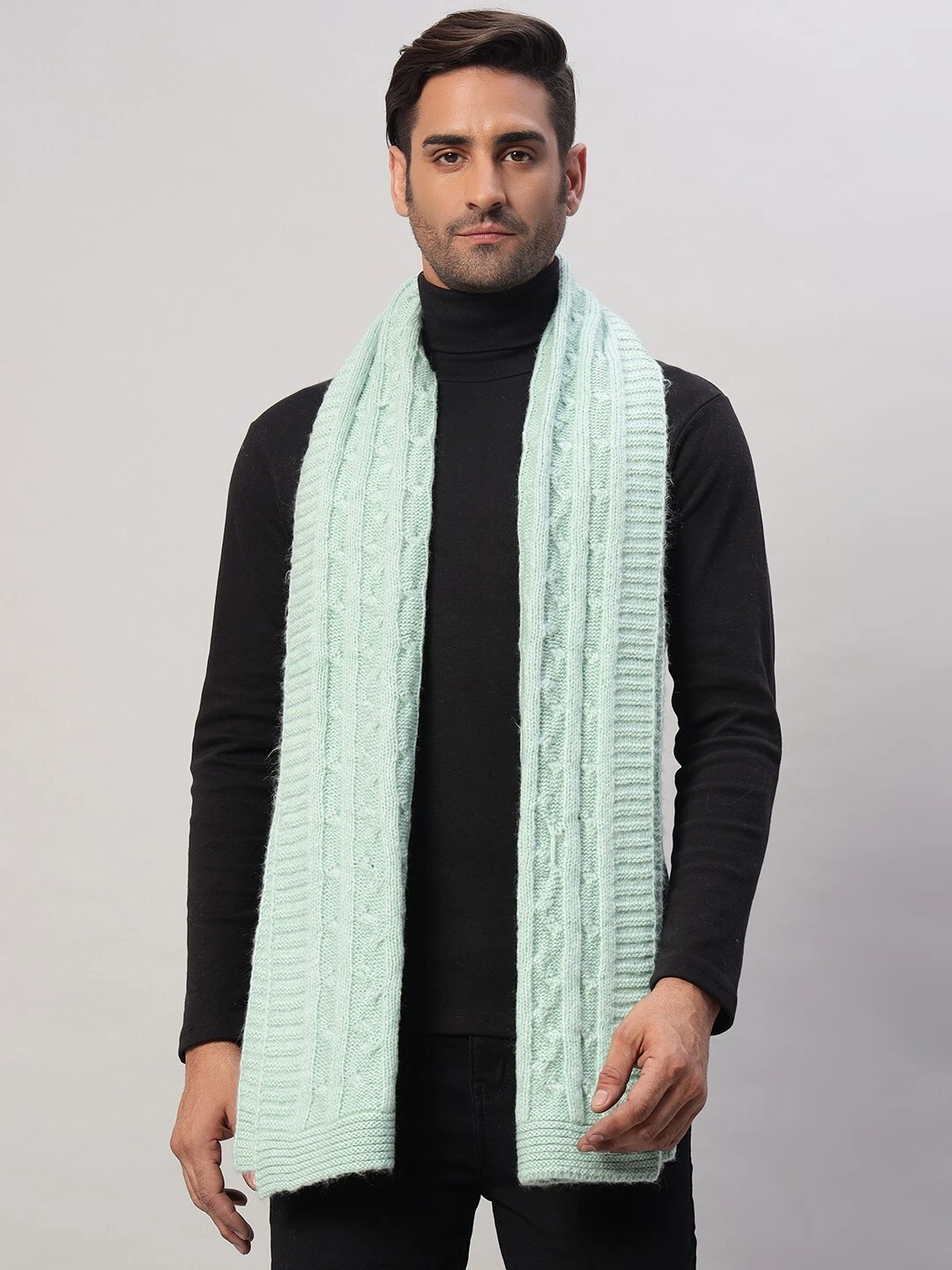 Mens Winter Warm Hand Knitted CASHMERE Scarf Scarves Solid Green Wool Scarves