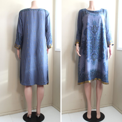 M Salwar Kameez Dress Rayon Crepe Paisley Copen Blue Gold Trim Indian Tunic