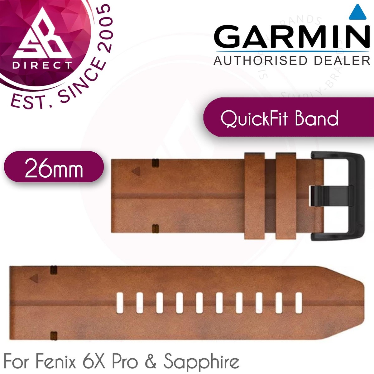 Garmin QuickFit 26mm Wrist Watch Strap Leather Band│for Fenix 6x