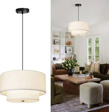 18" Drum Fabric Pendant Light, Dual Layer Fabric Shade 