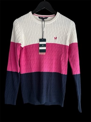 Crew Clothing Women's Heritage Cable Knit Cashmere Blend Jumper Pink Navy 14