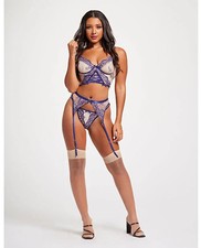 Sheer Mesh Embroidered Bustier Set with Garter  Thong   Blue/Nude MD 
