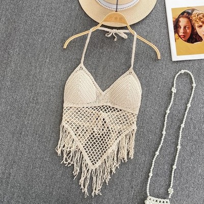 Peace Love Cream Boho Beachy Crochet Festival Halter Fringe String Top M/L