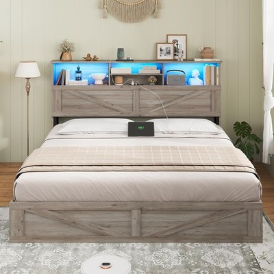 Farmhouse Wooden Bed Frame T/F/Q/K Size with Bookcase Headboard &Storage Drawers
