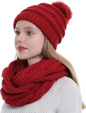 Double Couple Winter Scarf and Hat Set for Women Thick Cable Knitted Circle Loop