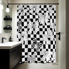 Black and White Checkered Shower Curtain Groovy Funky Bow Cute Girls Bathroom De