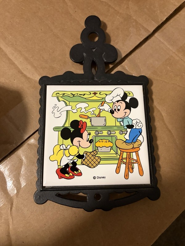 Vintage Disney - Mickey & Minnie Mouse Trivet - Ceramic and Cast Iron Very Good