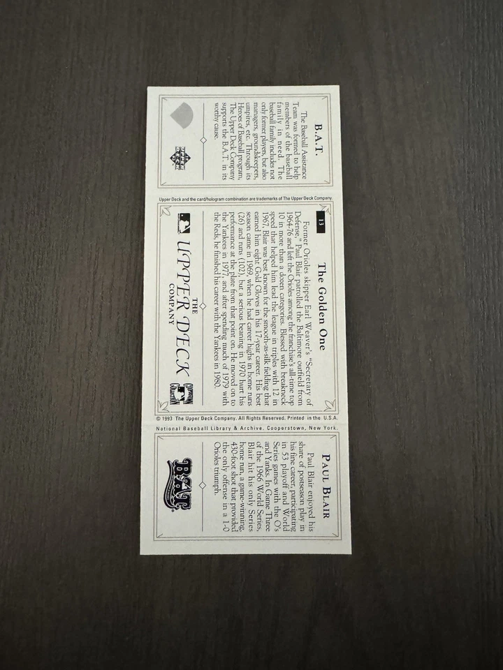 1993 Upper Deck BAT Triple-Folders #13 PAUL BLAIR Baseball Card - Image 2 of 2