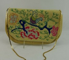 Vintage Cross Stitch Suede Purses Wallet Gold Strap Beige Birds