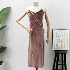 Lady Velour Midi Slip Dress Spaghetti Strap V Neck Side Slit Prom Evening Party