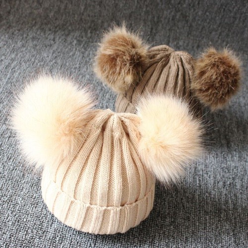 Baby Double Pom Pom Hat 2 Bobble Beanie Knitted Winter Warm Boy Girl Newborn-24M - Picture 5 of 27