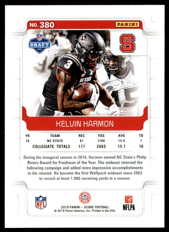 2019 Score Kelvin Harmon RC NC State Wolfpack #380 - Image 2 of 2