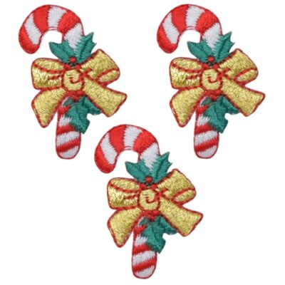 Small Candy Cane Applique Patch - Christmas Holly & Bow 1.25'' (3-Pack, Iron on)