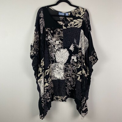 Liz & Me Patchwork Poncho Style Top One Size Lace Floral Polka Dot Black Multi
