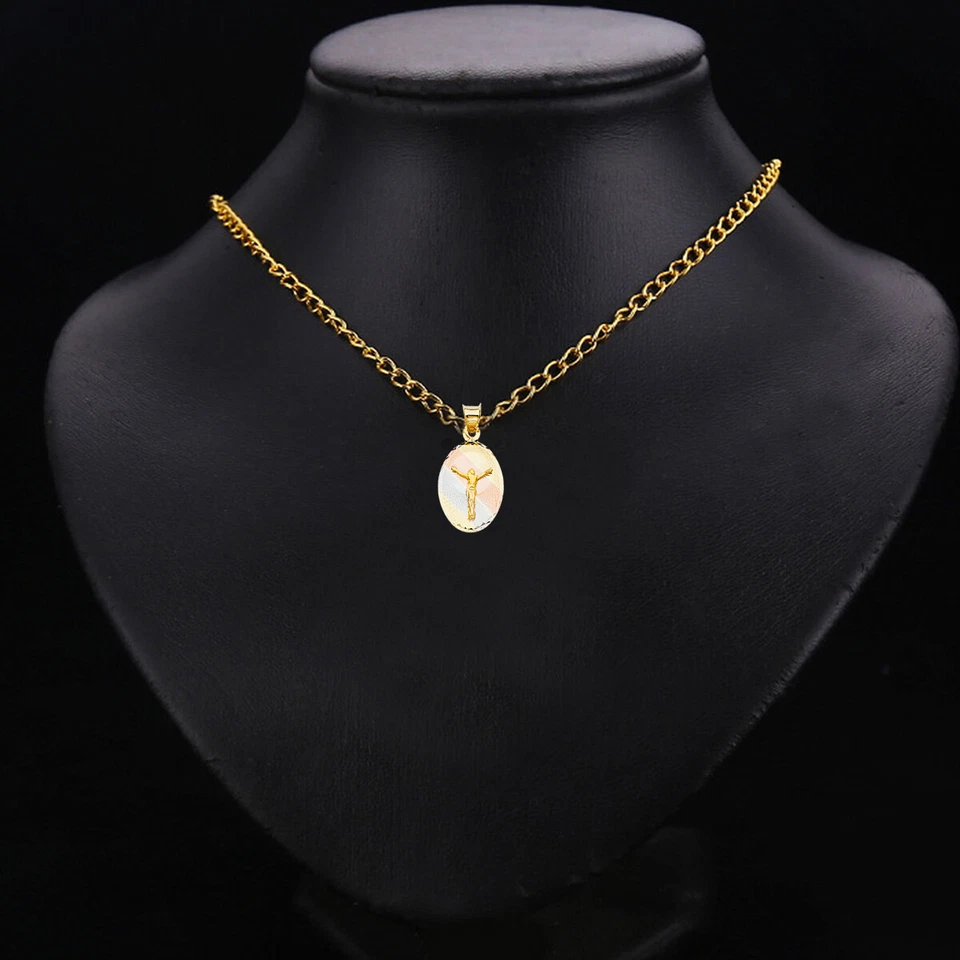 14K Tri Color Gold diamond cut Jesus Stamp Religious Pendant For Necklace  - Image 2 of 4