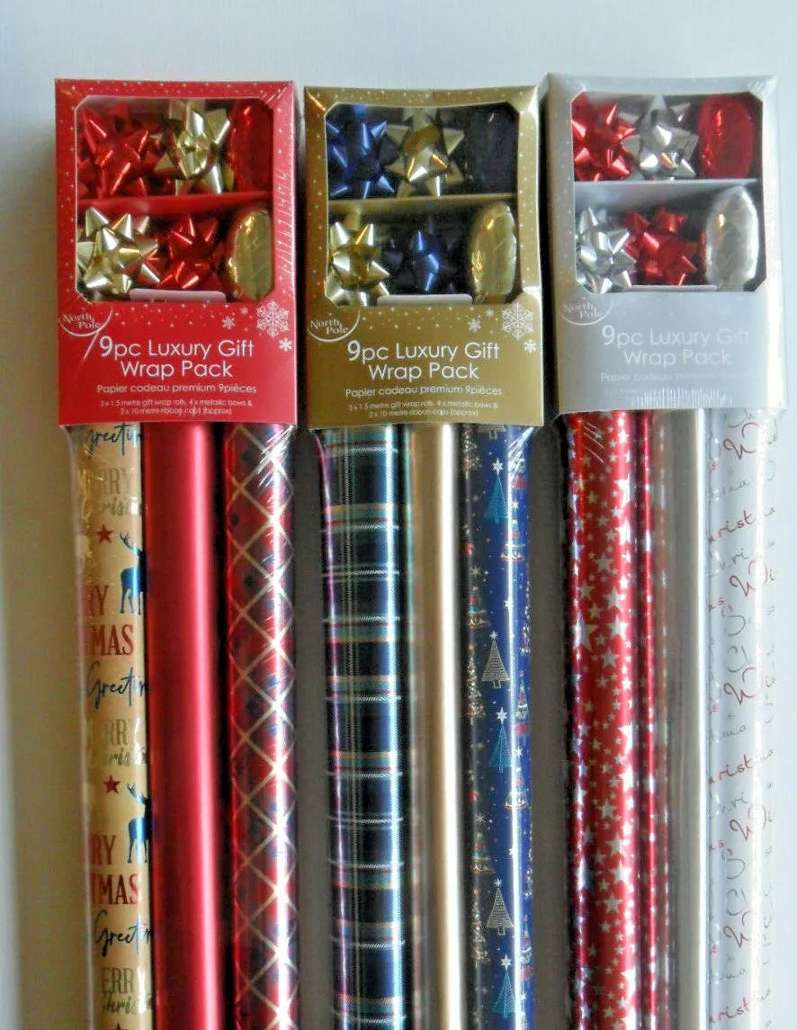 North Pole Christmas 9pc Wrapping Paper Bows Ribbons Giftwrap Set
