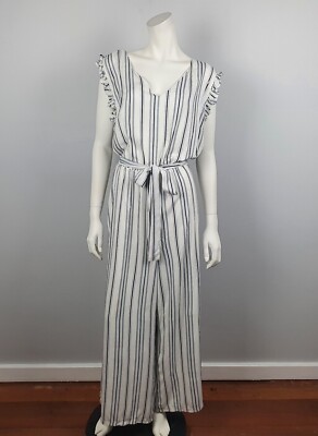 Katies Romper Jumpsuit Size 16 White Blue Stripe Wide Leg Belt Fully Lined $89