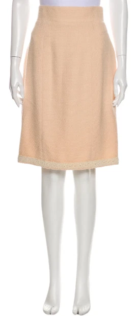 CHANEL Pink Wool Tweed Pencil Skirt w/ Lace Trim, Size 10 (US) 42 (EU)