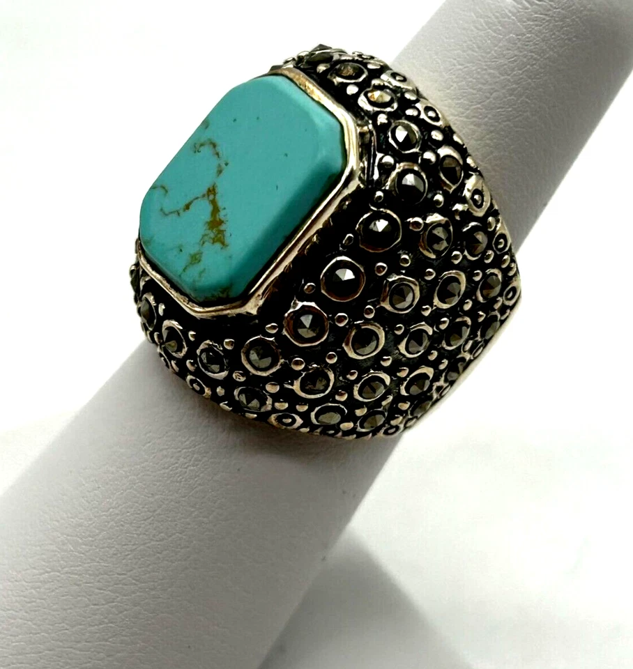 Anillo de colección de plata de ley 925 marcasita y cúpula turquesa cóctel 6 Foto 3 de 4