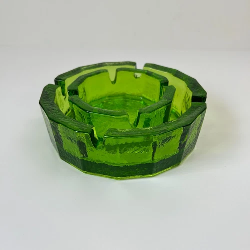 Vintage Blenko Green Glass Ashtray Set of 2 Heavy Round Pebbled MCM 4" & 6"