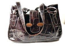 Italy Brown Croc Embossed Leather Satchel Shoulder Hand Bag Purse