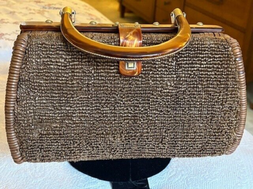 VINTAGE STUNNING ORBACH'S COCOA STRAW & BRONZE LUCITE SATCHEL HANDBAG W/CLASP - Picture 12 of 12