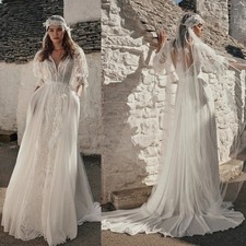 Lace & Chiffon A-Line Wedding Dress Puff Sleeves Pockets Bridal Gown vestido de