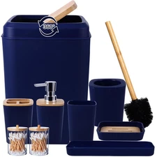 Bathroom Accessories Set, 9 Piece Navy Blue Bathroom Accessory Set with Trash...