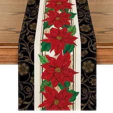 Watercolor Poinsettia Christmas Table Runner, 13" x 72", Table Runner Black