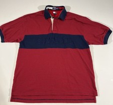 Vintage Tommy Hilfiger Polo 90s Spell Out Center Logo Red Blue Stripe Size XL