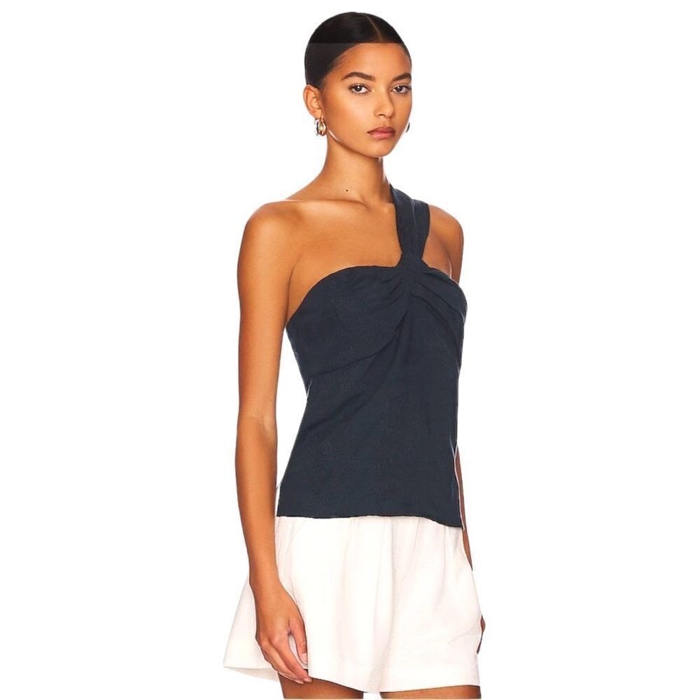 Veronica Beard Belinda Top One Shoulder Jacquard Navy Blue Linen Blend Size 14