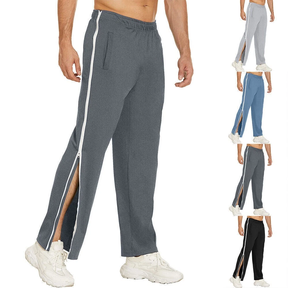 Mens Jogging Pants Tracksuit Bottoms Pocket Gym Open Leg Side Zip Casual Joggers