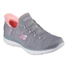 Skechers Summits Getaway Gray Light Pink Slip On Bungee Lace Shoes Womens Sz 9