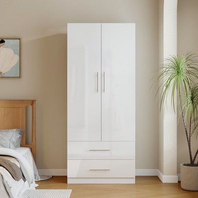 Kleiderschrank weiß Hochglanz 2-türig mit 2 Schubladen Schlafzimmer Stauraum 3-tlg. Set