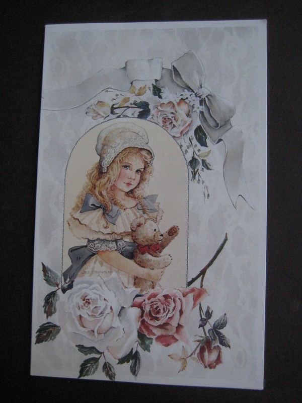 UNUSED 1991 vintage greeting card By Jan Hagara BLANK Girl w/ Teddy Bear, Roses