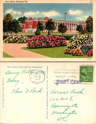 Tichnor Postcard Post Office Portland Me 1947 Postmarked Linen Vintage Addressed
