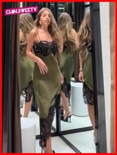 Lace Patchwork Satin Camisole Dress Sleeveless Sheer Irregular Hem Party Casual