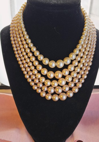 Multi Strand Faux Pearl Necklace Pink Blush Graduated Statement Collar