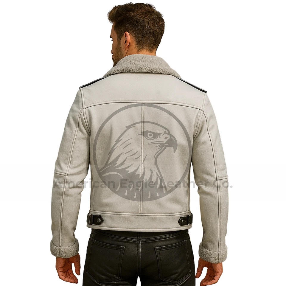 Men's White B3 Bomber Aviator Faux Fur Shearling Real Sheepskin Leather Jacket - Image 2 of 4