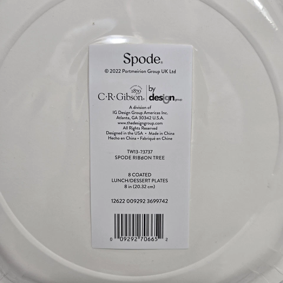 Spode Coated Paper Dessert Plates 8 Count Christmas Tree Ribbon Cream 8" - Image 4 of 4