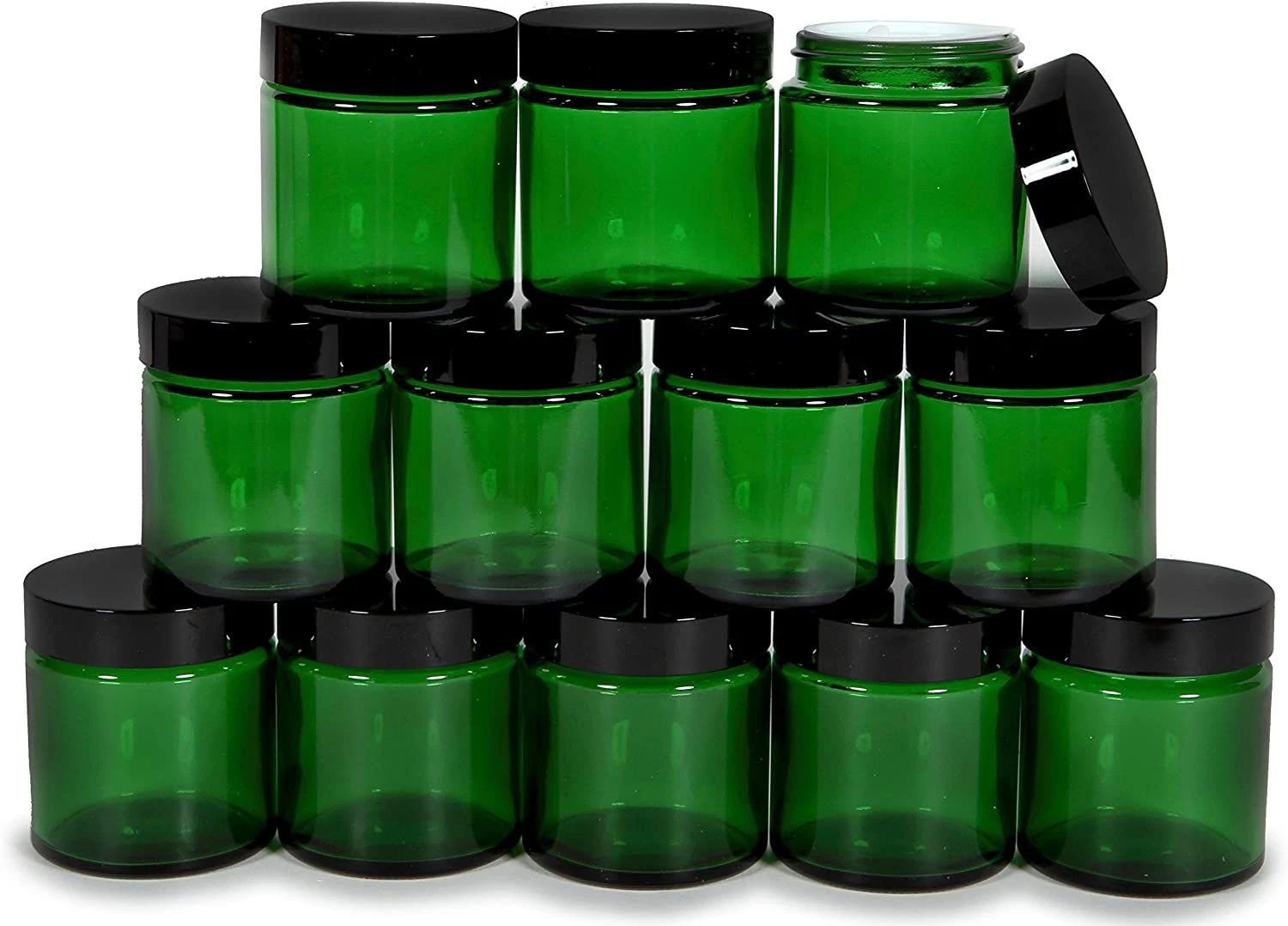 Vivaplex, Green, 8 ounce, Round Glass Jars, with Black Lids - 8 Pack