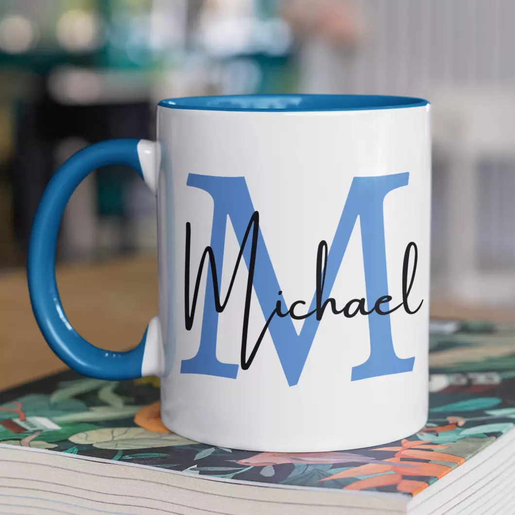 Personalised Name Mug Blue Initial Name Custom Coffee Cup Him Dad Christmas Gift