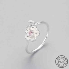 Plum Flower Ring for Women Adjustable Silver Tone Band with Enamel Detail