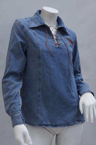 Vintage 90s Women's Harley-Davidson Motorcycles Denim Shirt Tunic Lace Up Top - Picture 2 of 7