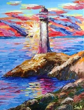 Original Art Lighthouse Modern Texture Oil Painting Sunrise Seascape CANVAS OOAK