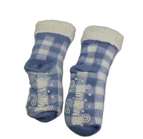 Muk Luks Slipper Socks Soft Sole Adult Women Size LRG 8 - 10 Blue & White Check - Picture 2 of 4