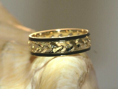6 MM HAWAIIANISCHER RING 14 K GELBGOLD DIAMANTSCHLIFF DC LEI MAILE SCHWARZE EMAILLE 10,5