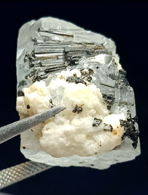 Aquamarine crystal with black tourmaline and albite from shigar valley Pakistan
